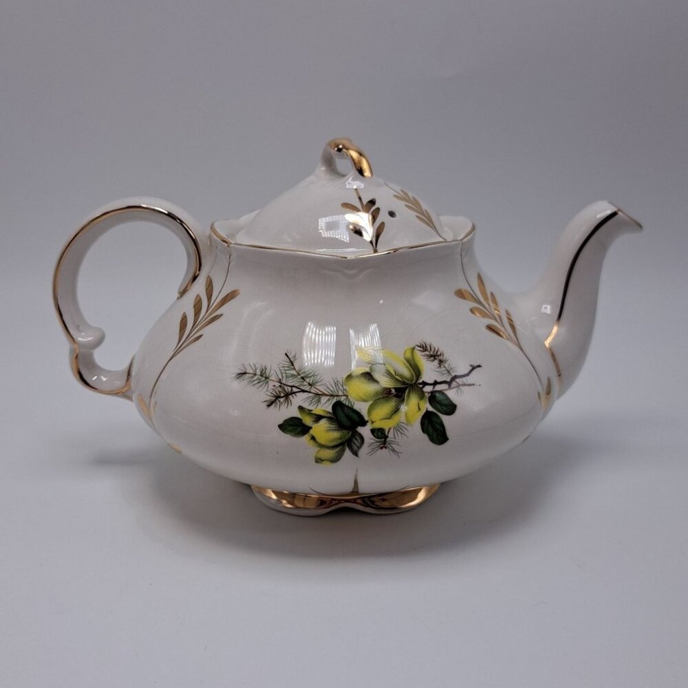 Ellgreave Wood & Sons England Yellow Floral Gold Accented Teapot Ironstone